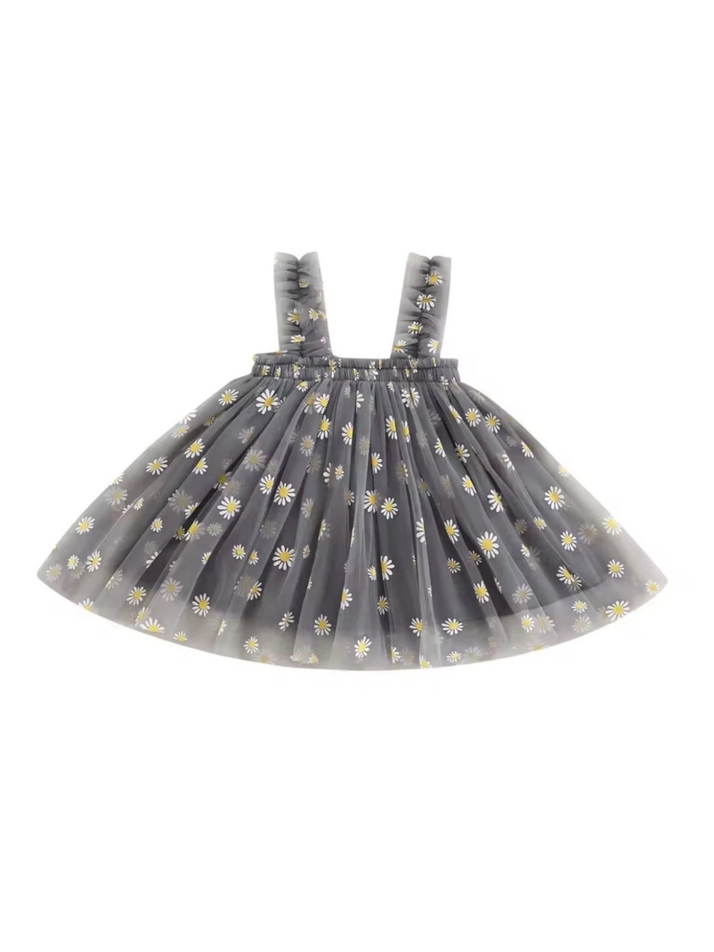 Daisy Print Tulle Jumper Dress - Gray with White & Yellow Daisies 3-4T